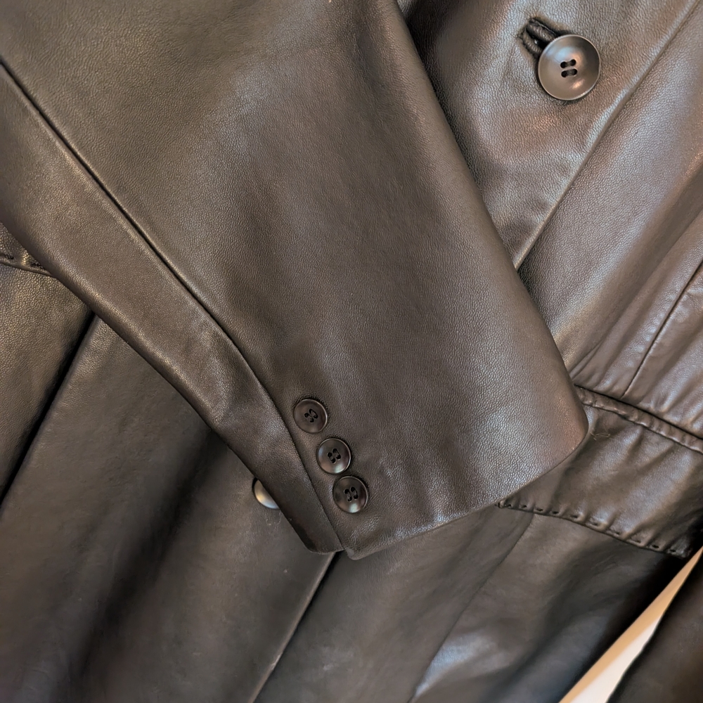 90s Black Leather Coat Midi Coat - Picture 5 of 12